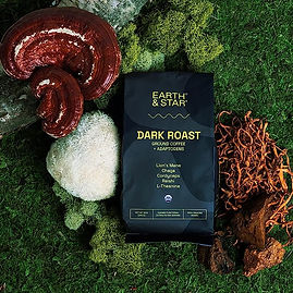 picture of Earth & Star  coffee bag on green moss with lions mane mushrooms and cordyceps mushrooms