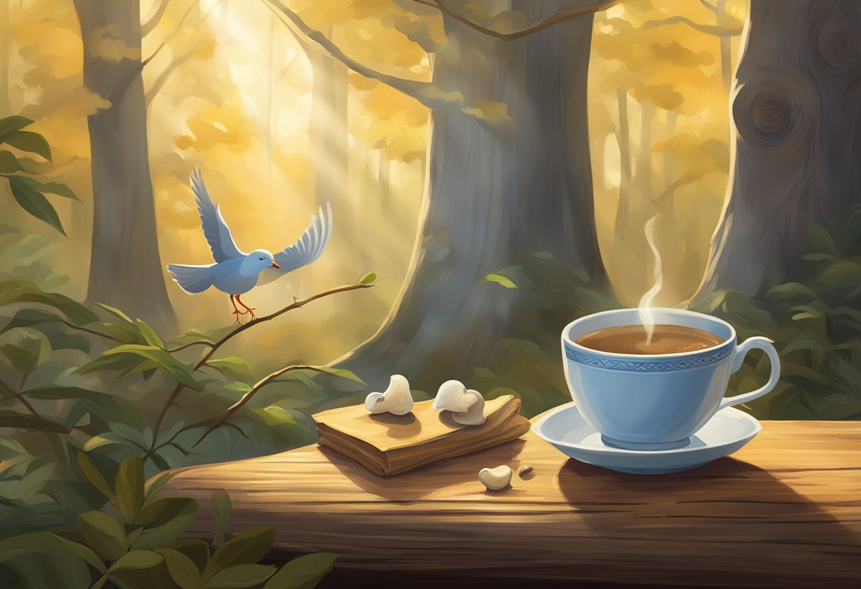 A serene forest glade bathed in golden morning light, with a steaming cup of mushroom coffee on a rustic wooden table. A perky dove perched on a nearby branch gazes curiously at the energizing elixir