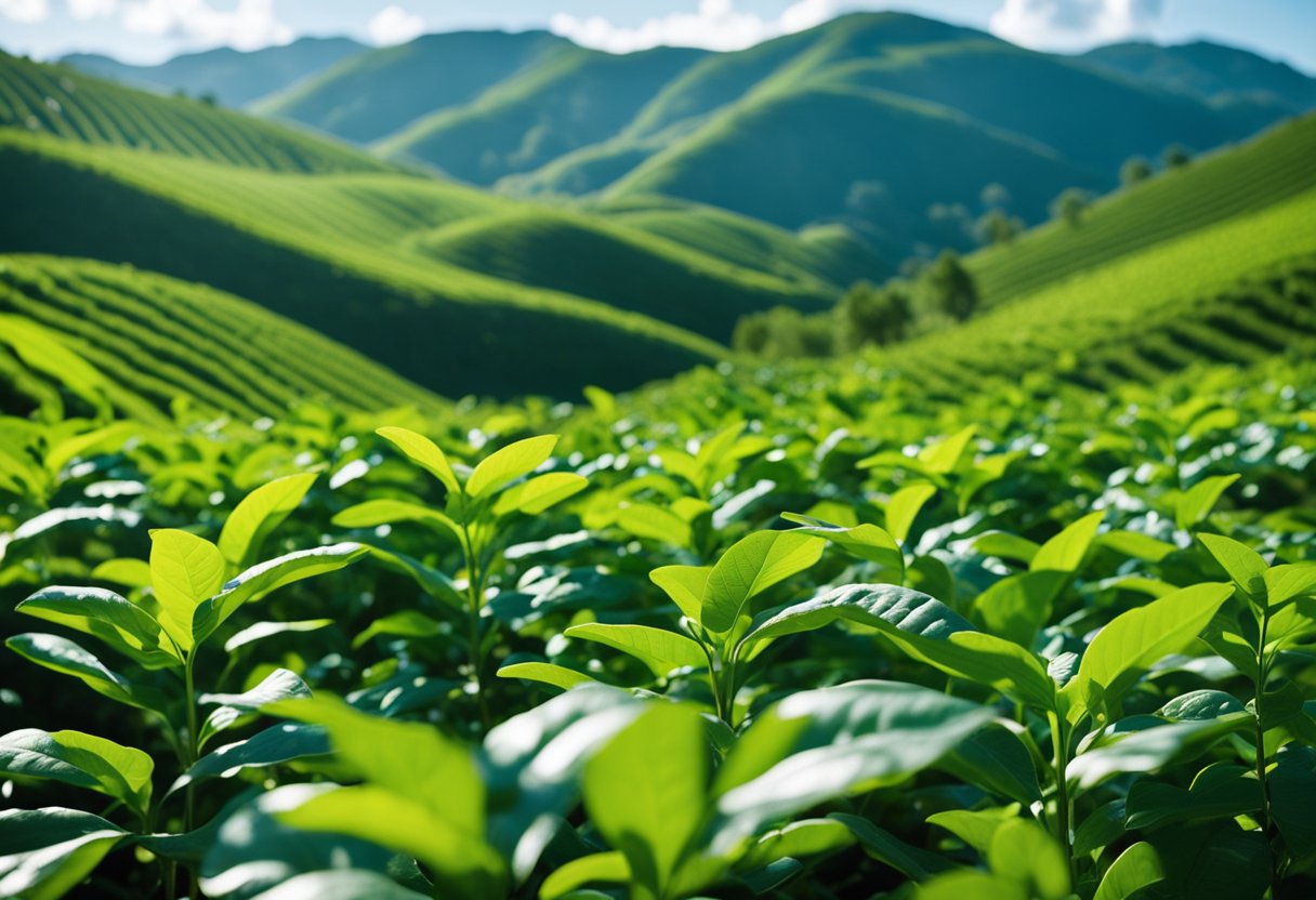 Lush green coffee plants stretch across the rolling hills. A clear stream winds through the farm, reflecting the vibrant blue sky above