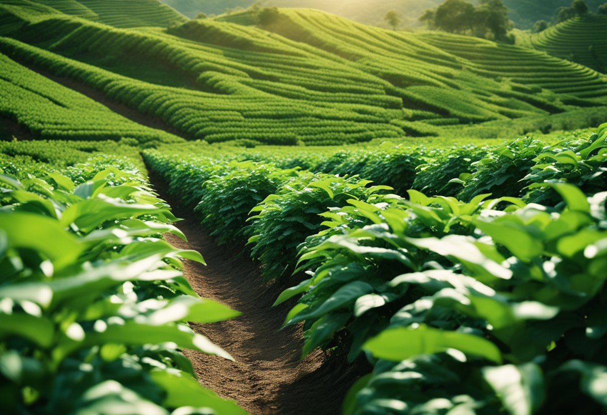 Lush green coffee plants stretch across rolling hills, basking in the warm sunlight. A gentle breeze carries the rich aroma of freshly brewed coffee, while workers carefully tend to the precious crops