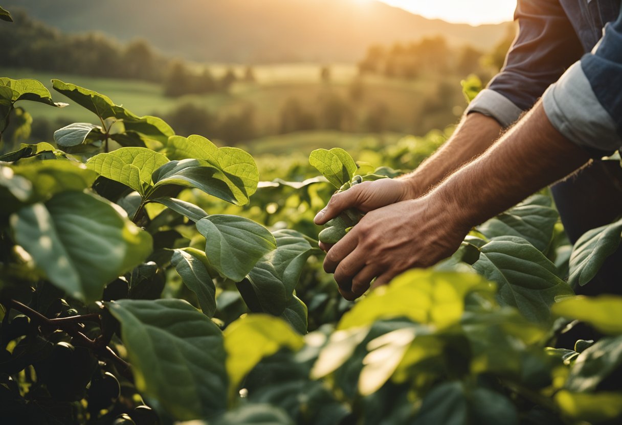 Sunrise over lush coffee fields, a farmer carefully handpicking ripe beans. A rustic wooden barn houses the roasting and grinding process, filling the air with rich, aromatic coffee scents