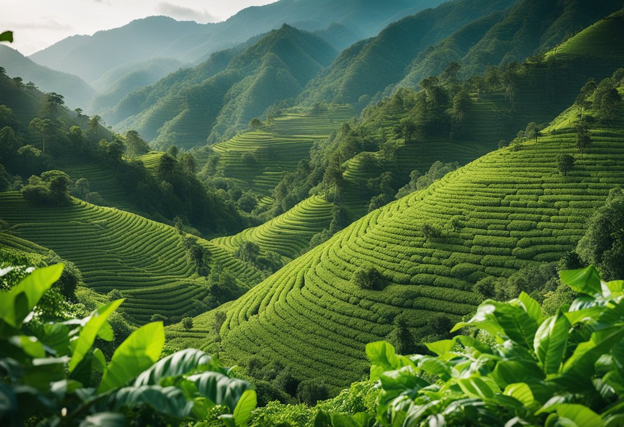 A lush, vibrant coffee farm nestled in the mountains, surrounded by a tight-knit community. The farm practices sustainable methods, with workers tending to the organic crops