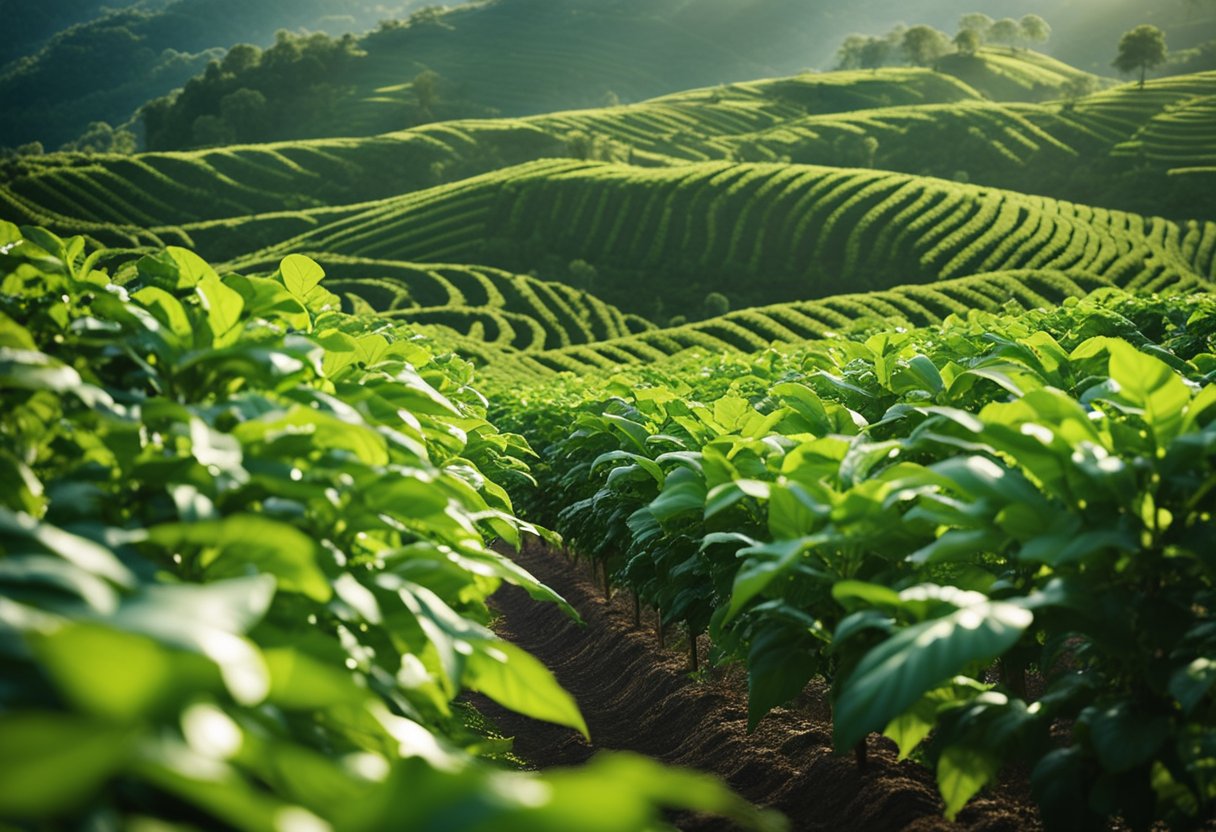 Lush green coffee plants sprawl across the rolling hills, their vibrant leaves shimmering in the sunlight. The air is rich with the earthy aroma of freshly brewed coffee, as workers tend to the fields with care and precision