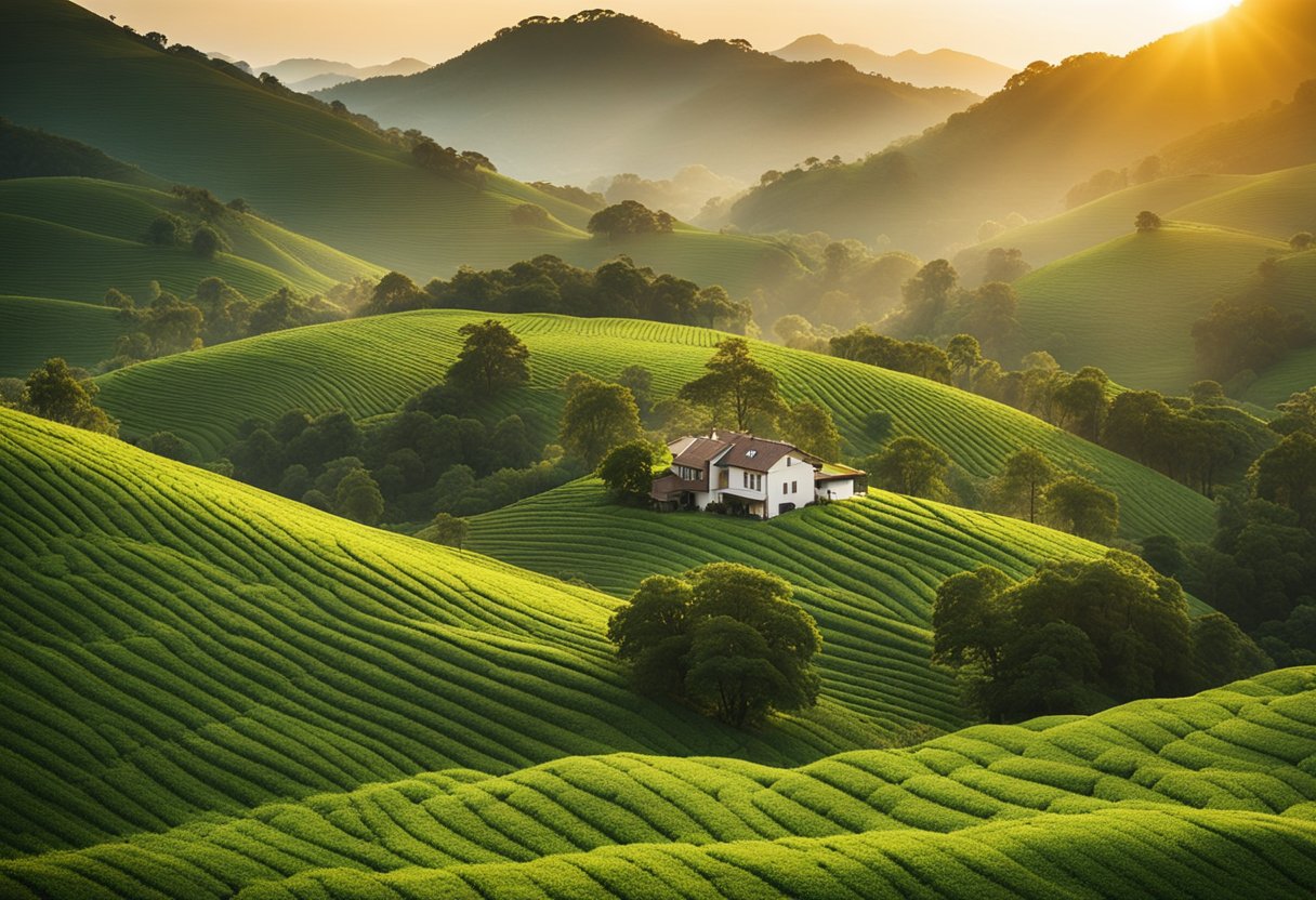 Lush green hills roll into the distance, dotted with vibrant coffee plants. A small farmhouse sits nestled among the foliage, as the sun rises, casting a warm glow over the scene