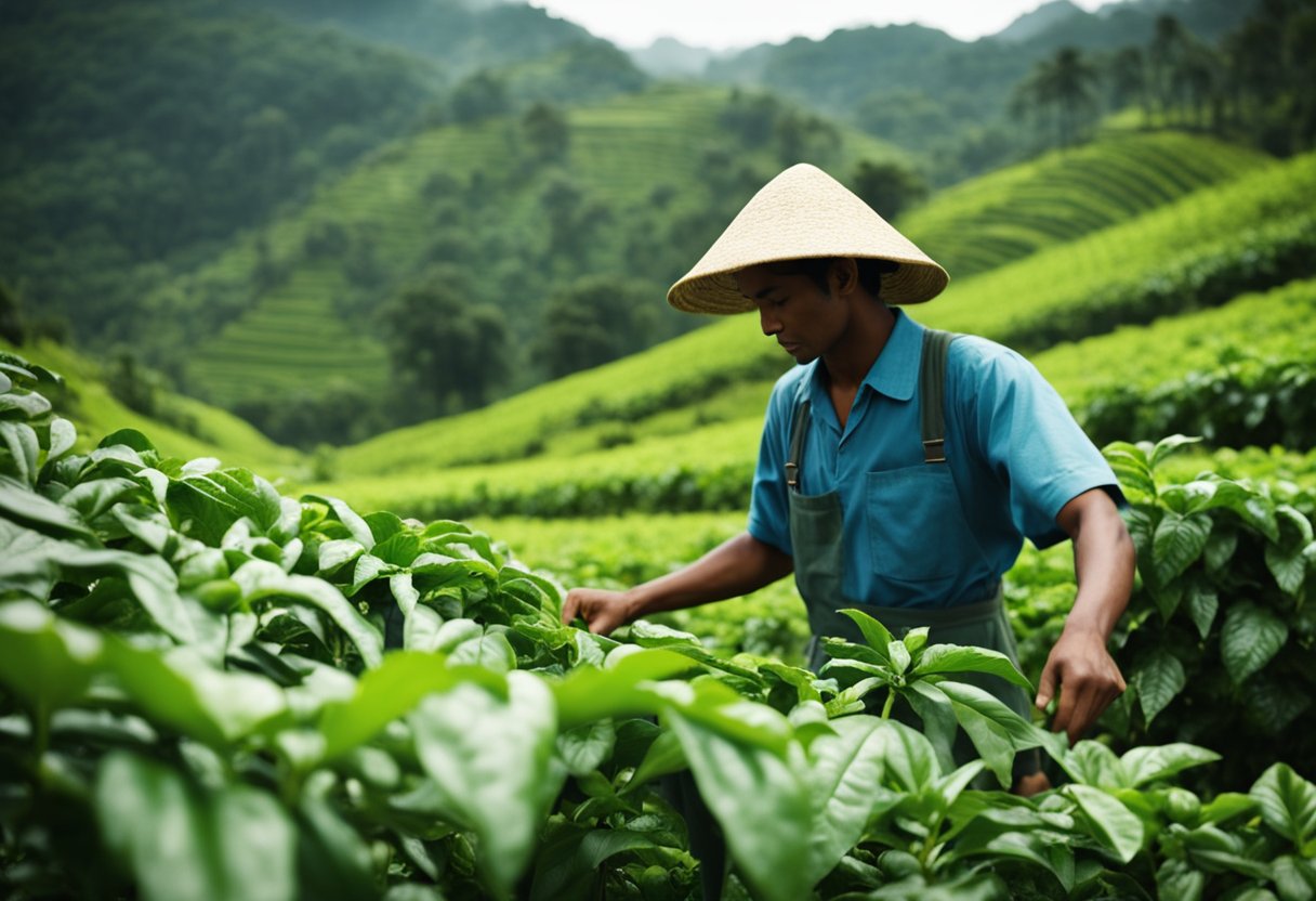 Lush green coffee plants stretch across the rolling hills, with workers carefully tending to the organic crop. The air is filled with the rich aroma of freshly roasted coffee, and the sound of beans being handpicked fills the tranquil setting