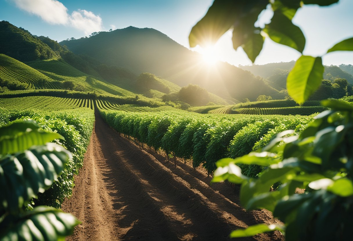 A lush coffee farm with rows of vibrant green coffee plants, a clear blue sky, and a warm sun shining down on the peaceful landscape