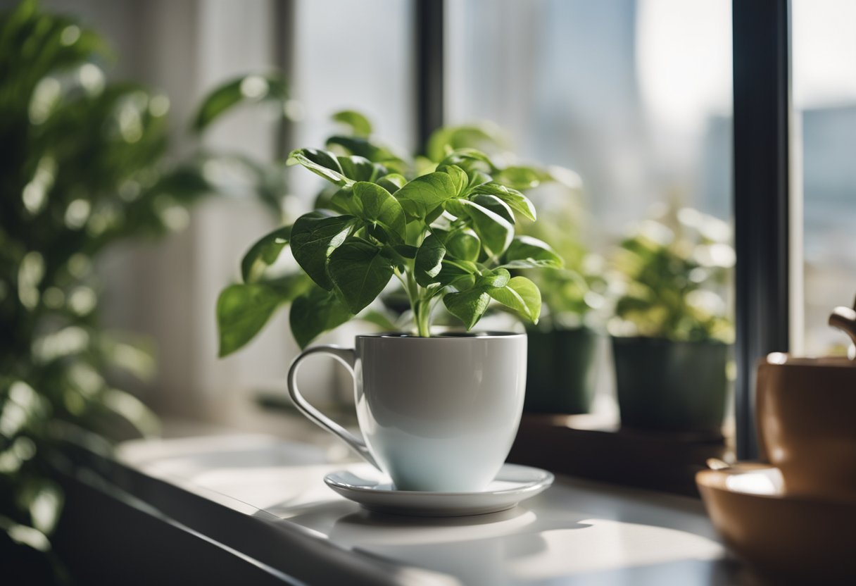 A plant sits on a windowsill, receiving a cup of coffee. Other plants nearby thrive with coffee