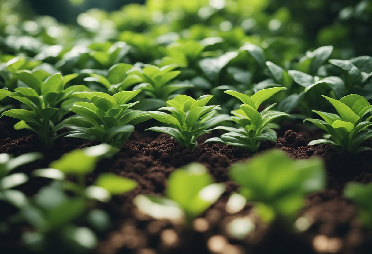 Lush green plants surrounded by coffee grounds, thriving and healthy