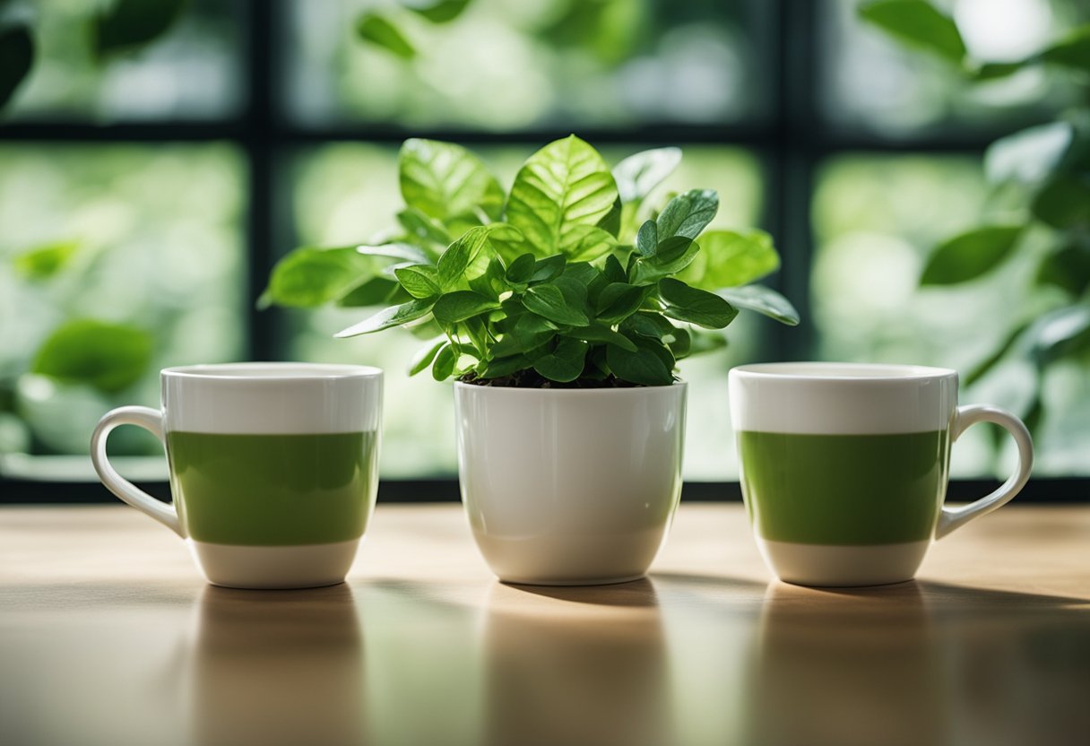 Lush green plants surrounded by coffee cups, showing growth and vitality