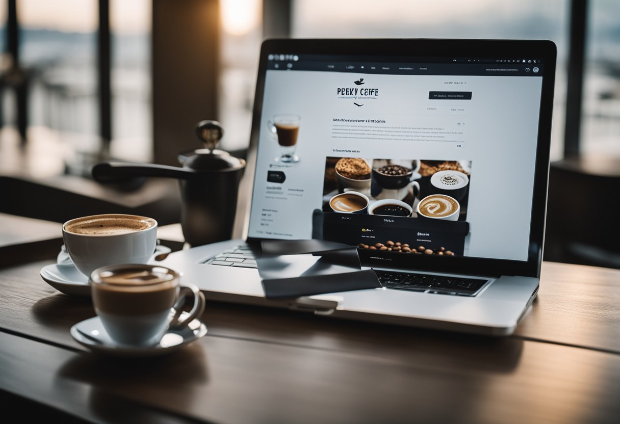 A laptop open to Perky Dove Coffee's recipe page, with a steaming cup of coffee and a bag of coffee beans next to it