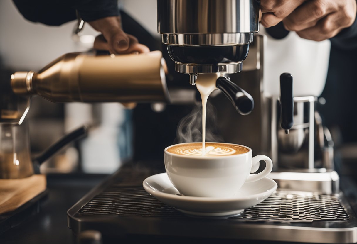 A barista pours steaming milk into a cup of espresso, creating a perfect latte art design. Find more tips and tricks at Perky Dove Coffee's Recipe page