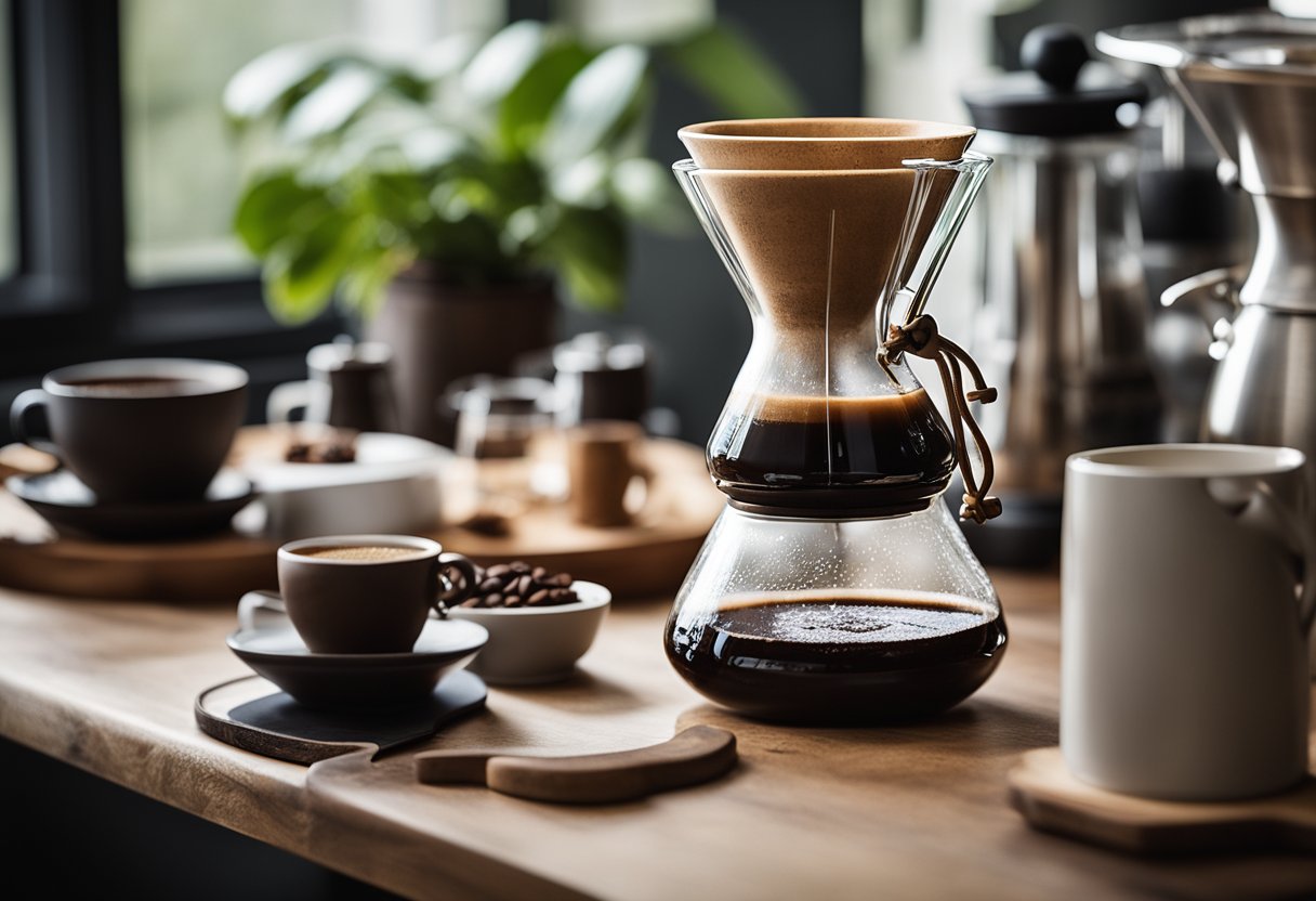 A glass Chemex sits on a wooden table surrounded by various coffee brewing tools and ingredients. A digital device displays the Perky Dove Coffee website, showcasing alternative brewing techniques