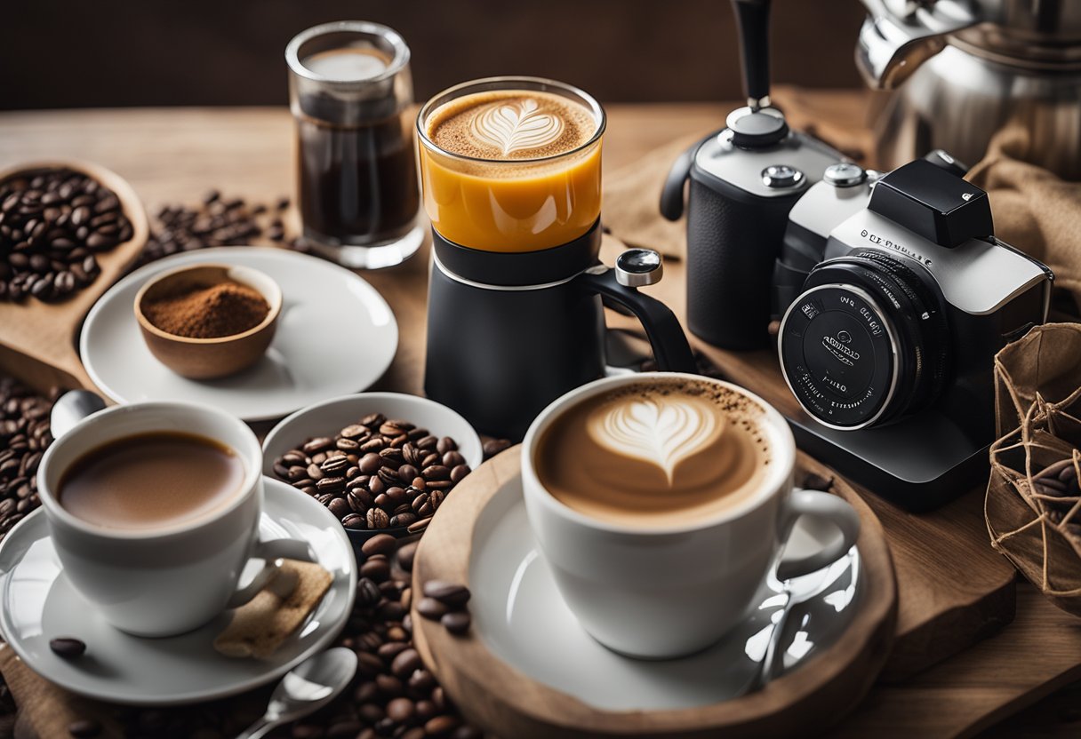 A table with various coffee ingredients, mugs, and brewing equipment arranged neatly with the Perky Dove Coffee website displayed on a tablet or laptop