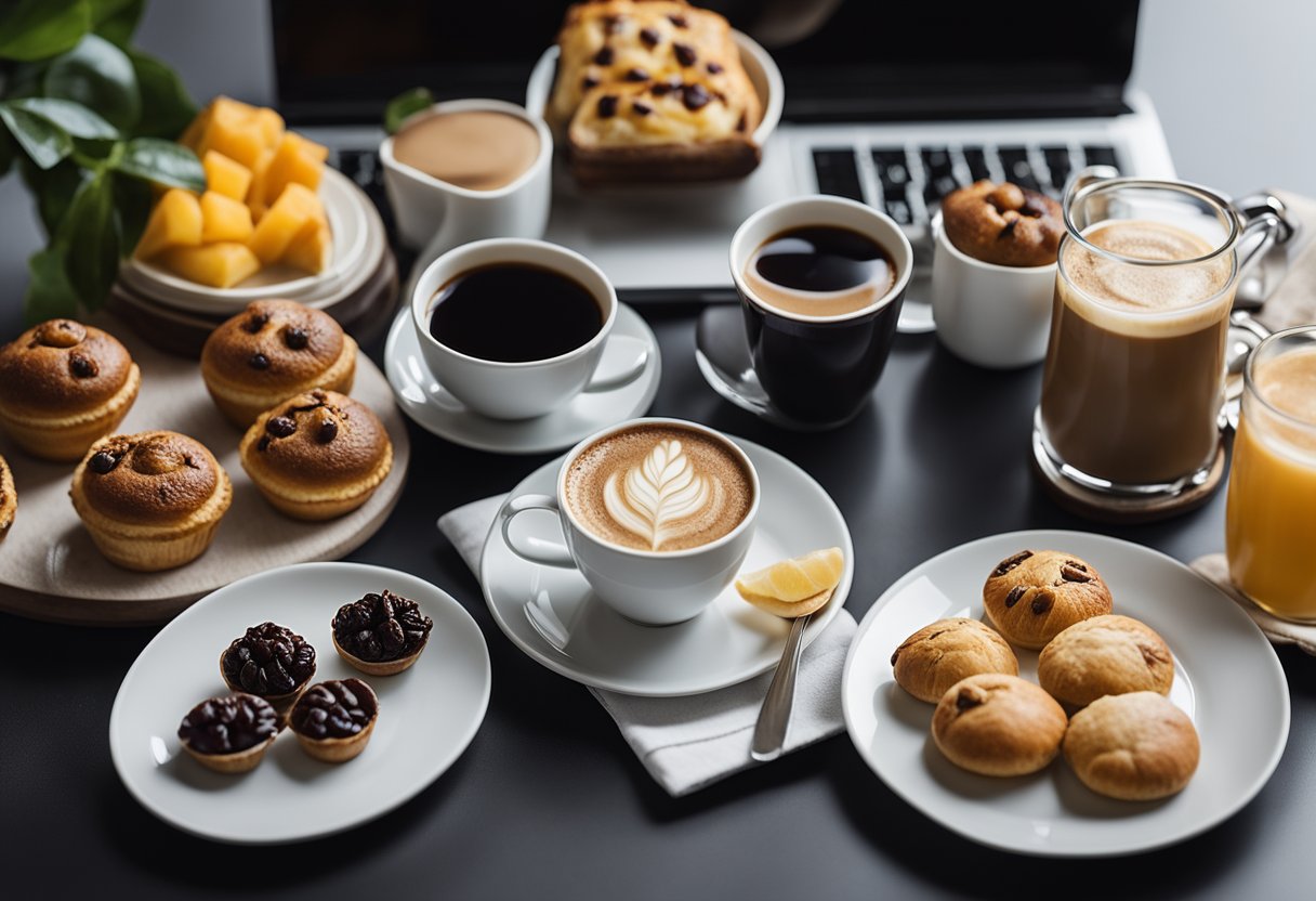 A table set with various coffee pairings, including pastries and fruits, displayed alongside a laptop open to Perky Dove Coffee's recipe page