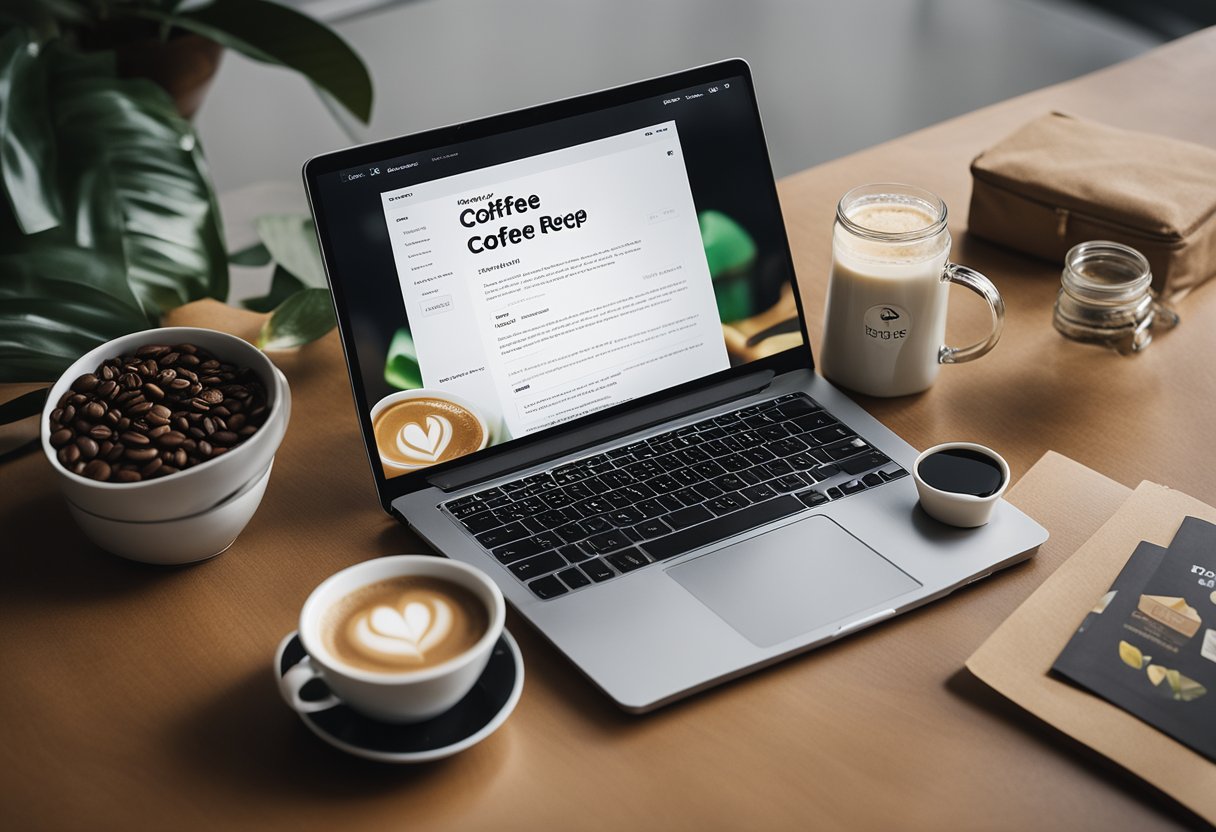 A laptop displaying Perky Dove Coffee's recipe page with a cup of coffee and a bag of coffee beans next to it