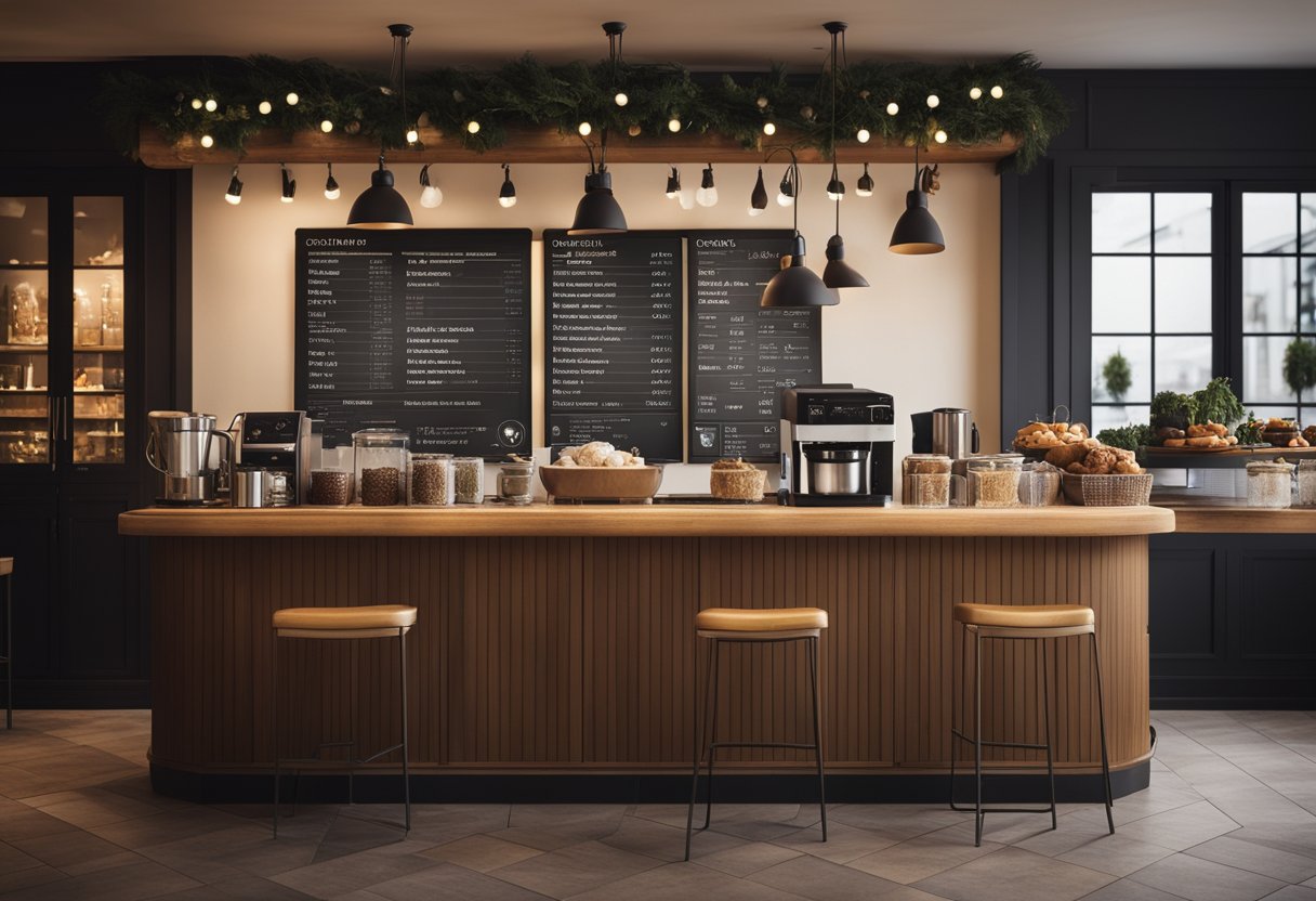 A coffee shop with seasonal decorations and a recipe page displayed on a digital screen