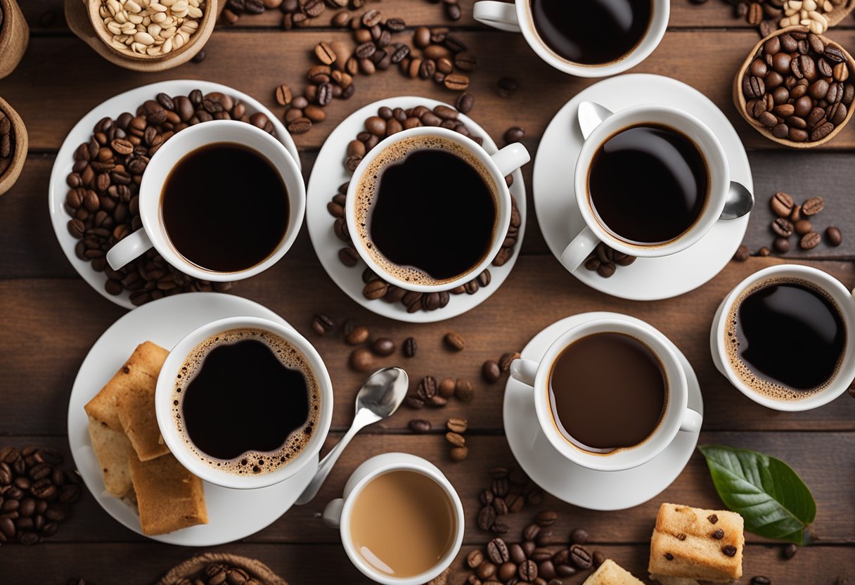 A table with various coffee cups, each representing a different global coffee variation. Visit Perky Dove Coffee's Recipe page for more