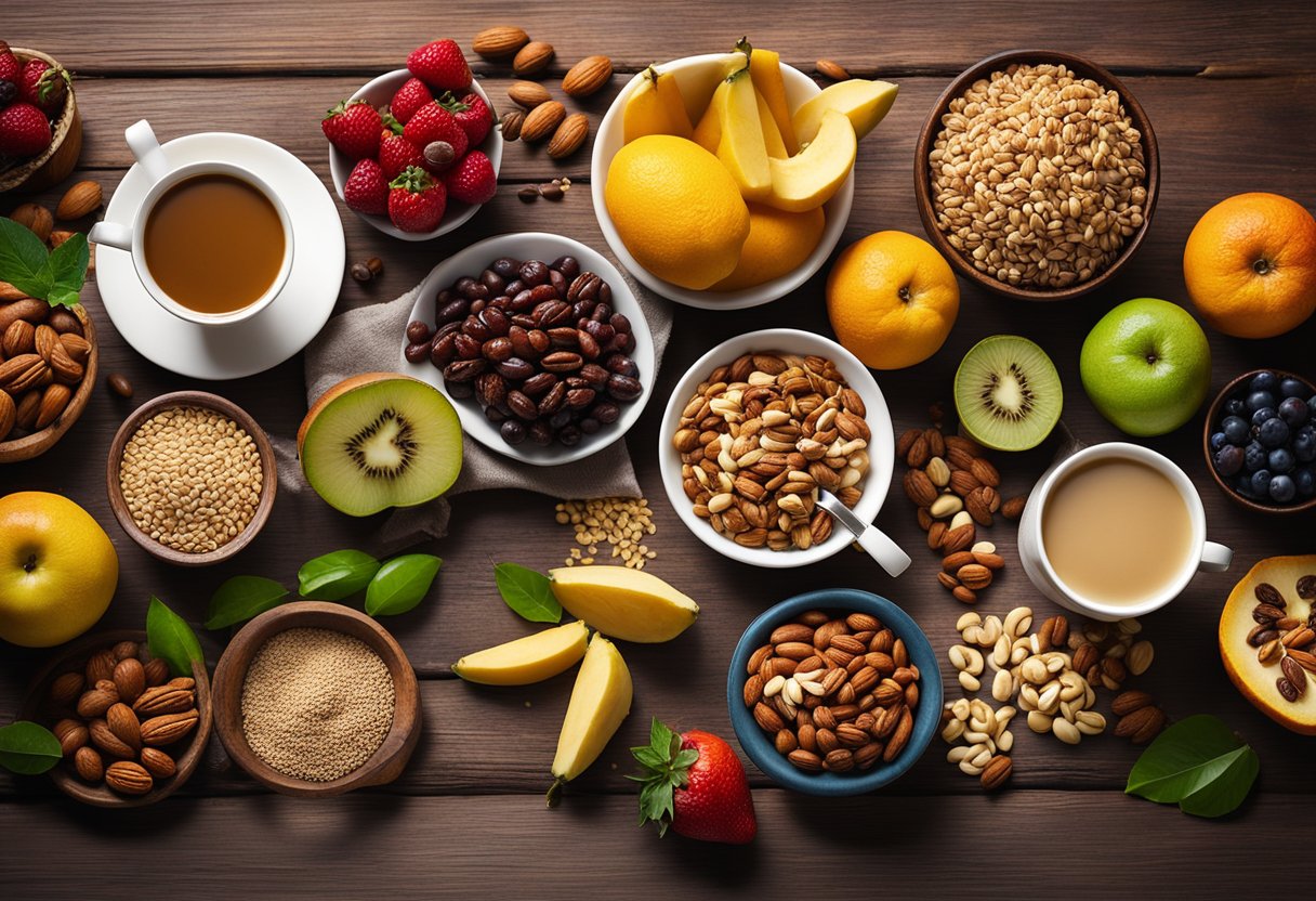 A colorful array of fresh fruits, nuts, and grains arranged on a wooden table, with a steaming cup of Perky Dove Coffee in the background