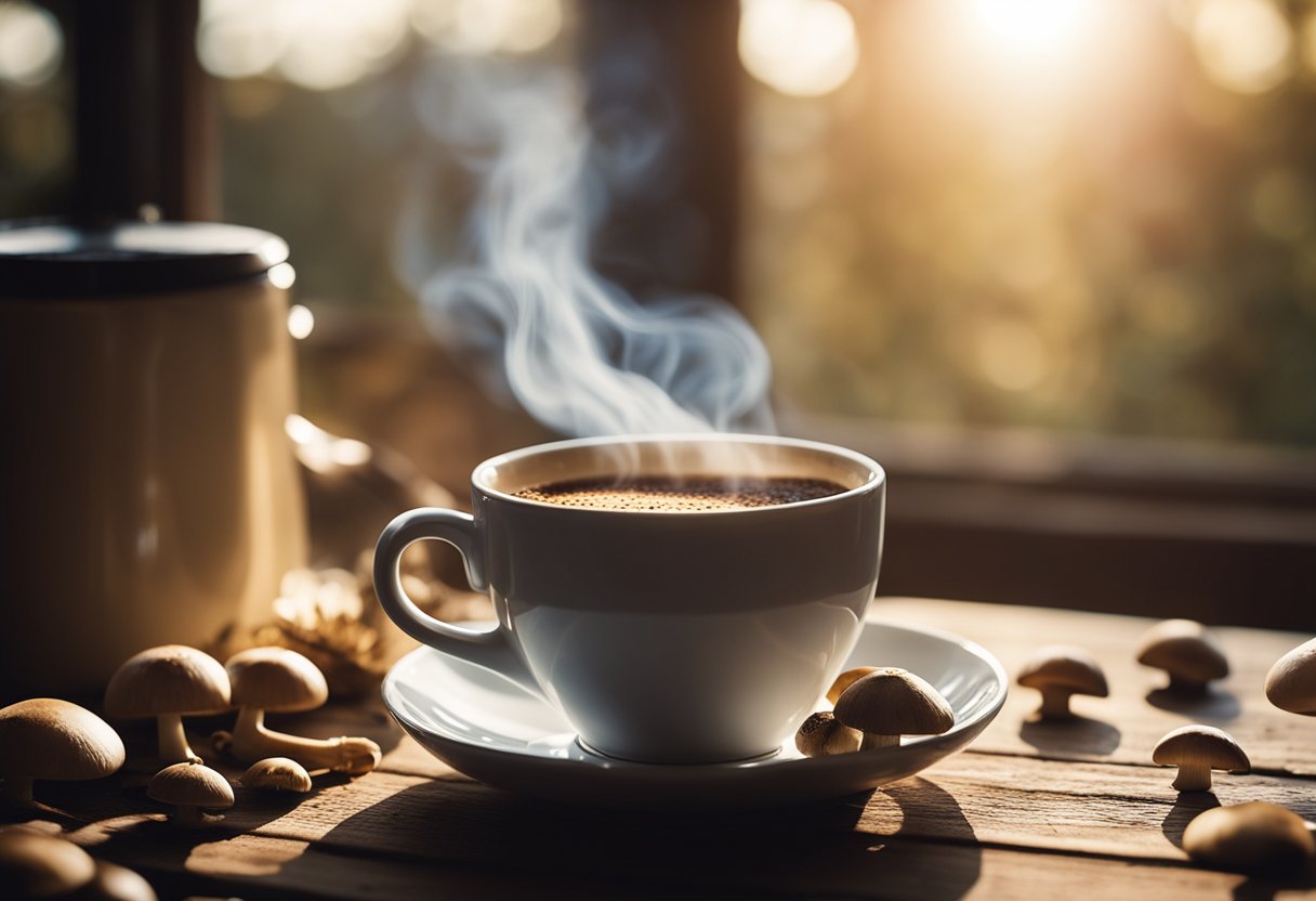 A steaming cup of mushroom coffee sits on a rustic wooden table, surrounded by a scattering of dried mushrooms and coffee beans. Sunlight filters through a nearby window, casting a warm glow over the scene