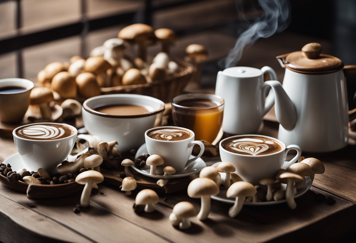 A table with 5 labeled cups of mushroom coffee, surrounded by various types of mushrooms and a steaming coffee pot