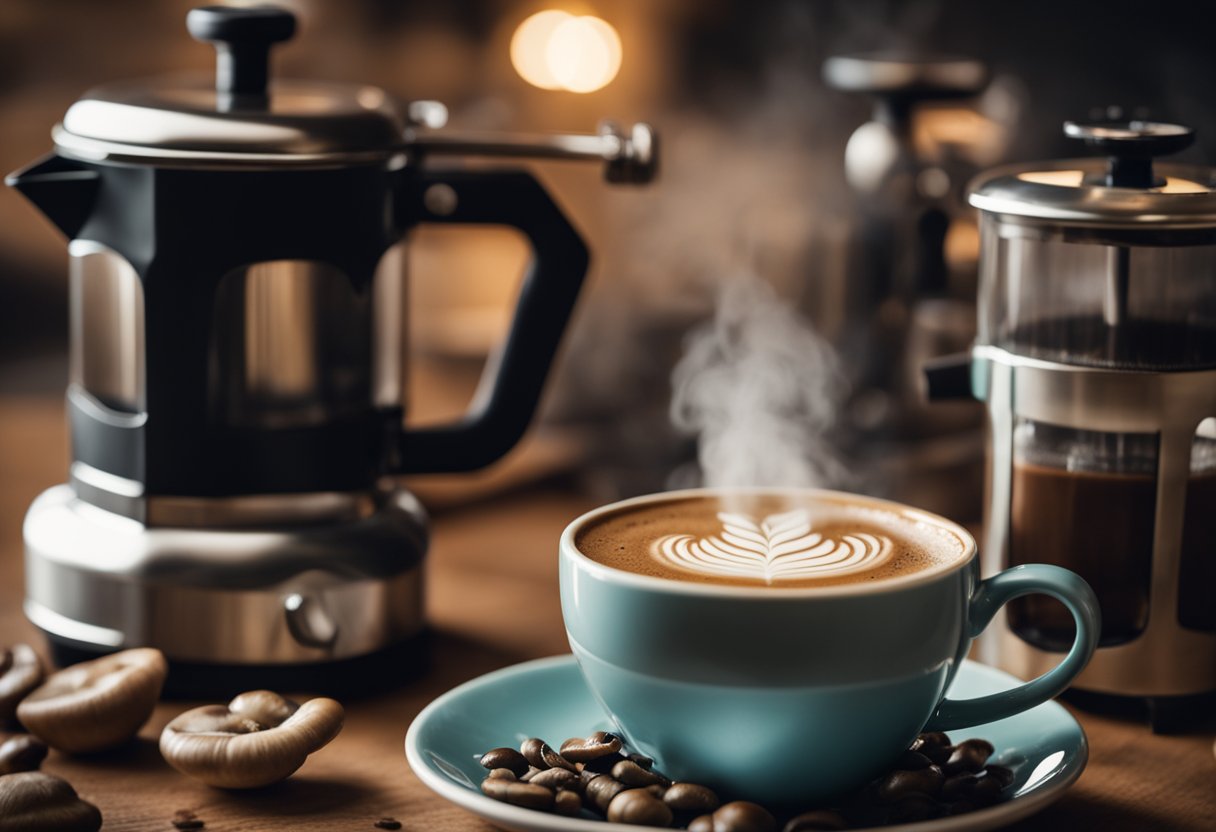 Steam rises from a steaming cup of mushroom coffee. A small bag of high-quality mushrooms sits next to a grinder and a French press