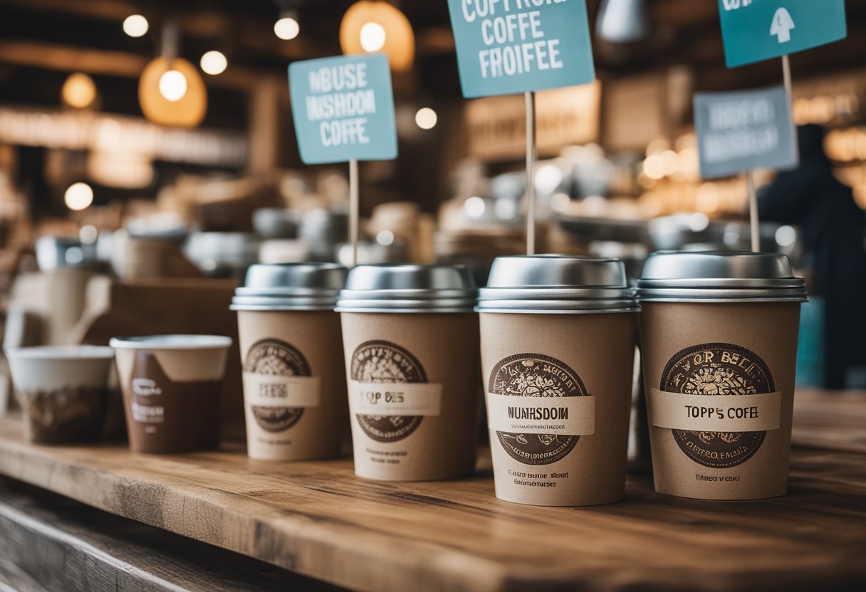 A cozy corner of a bustling market, with colorful mushroom coffee packages displayed on a rustic wooden table. A sign above reads "Top 5 Best Mushroom Coffee's."