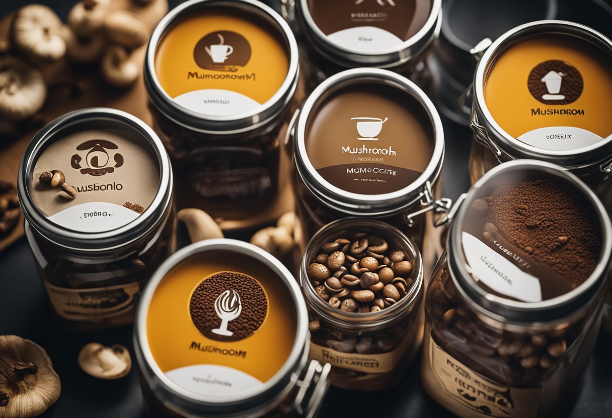 A table with 5 labeled jars of mushroom coffee. Each jar has a different brand name and logo. A steaming cup sits next to the jars