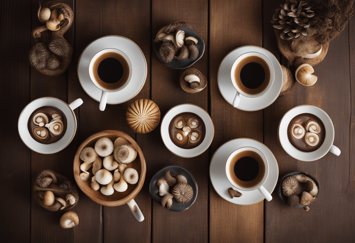 A table with five steaming cups of mushroom coffee, each adorned with a different mushroom species on the saucer. Steam rises from the cups, and a rustic wooden background sets the scene