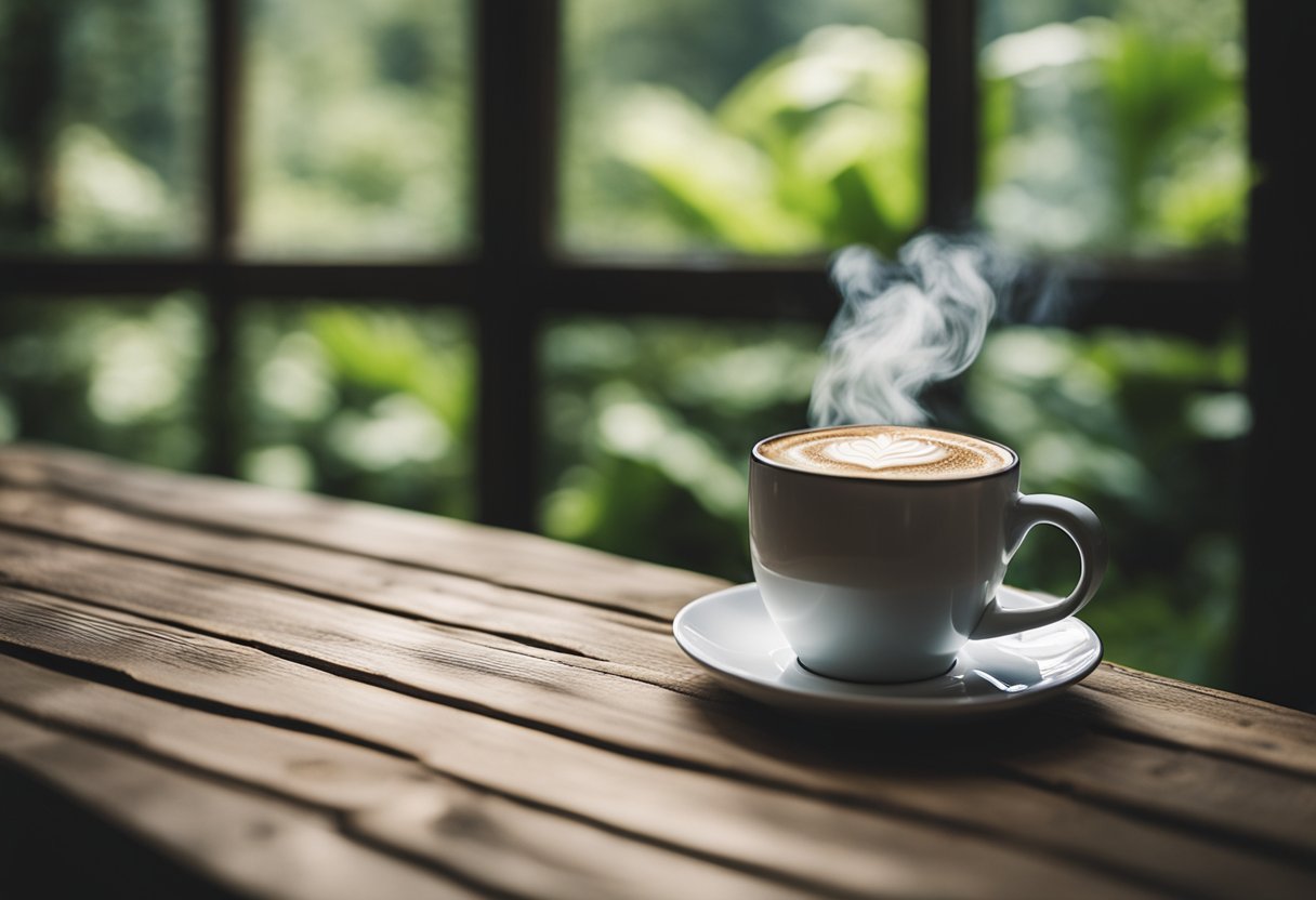 A steaming cup of Four Sigmatic mushroom coffee sits on a rustic wooden table, surrounded by lush greenery and natural light filtering through the window