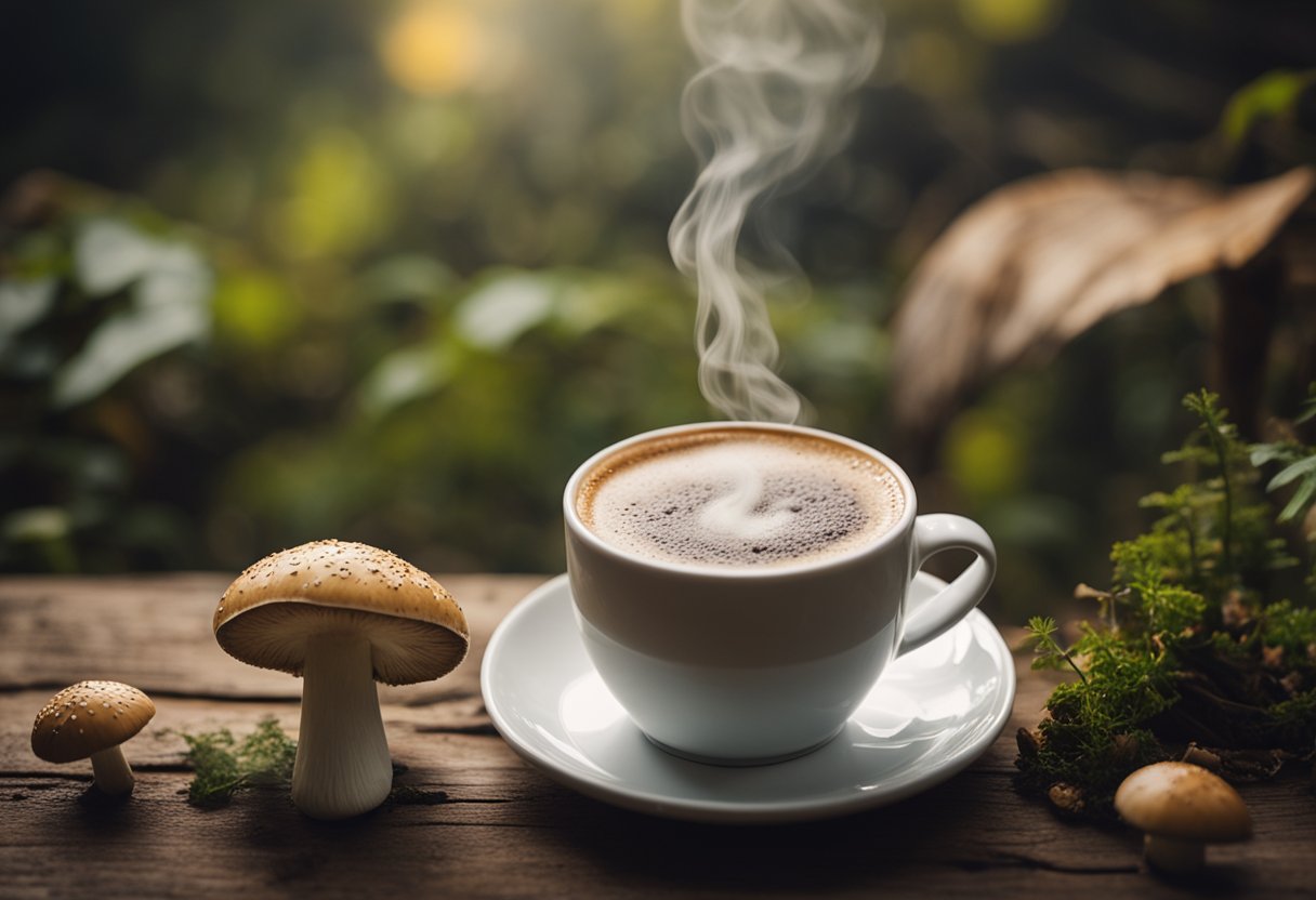 A steaming cup of mushroom coffee sits on a rustic wooden table, surrounded by foraged mushrooms and a cozy, earthy atmosphere