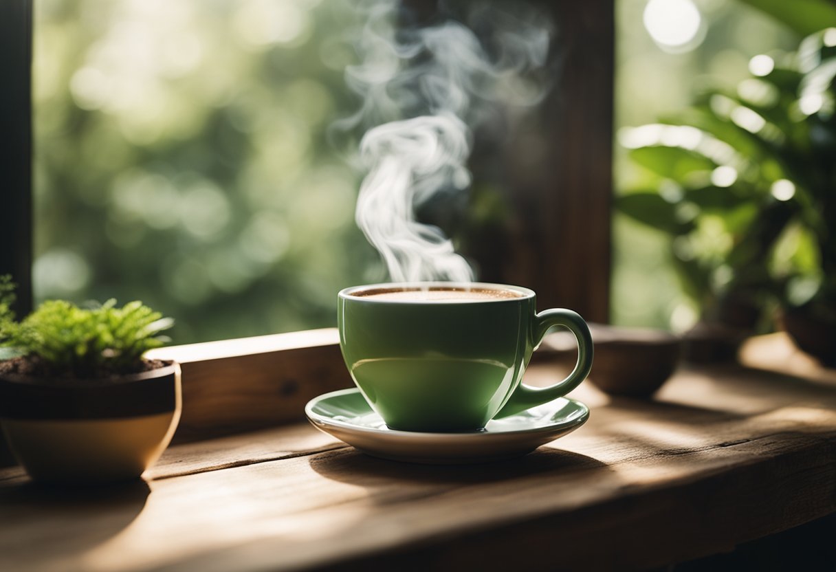 A steaming cup of Four Sigmatic mushroom coffee sits on a rustic wooden table, surrounded by lush greenery and natural light filtering through the window