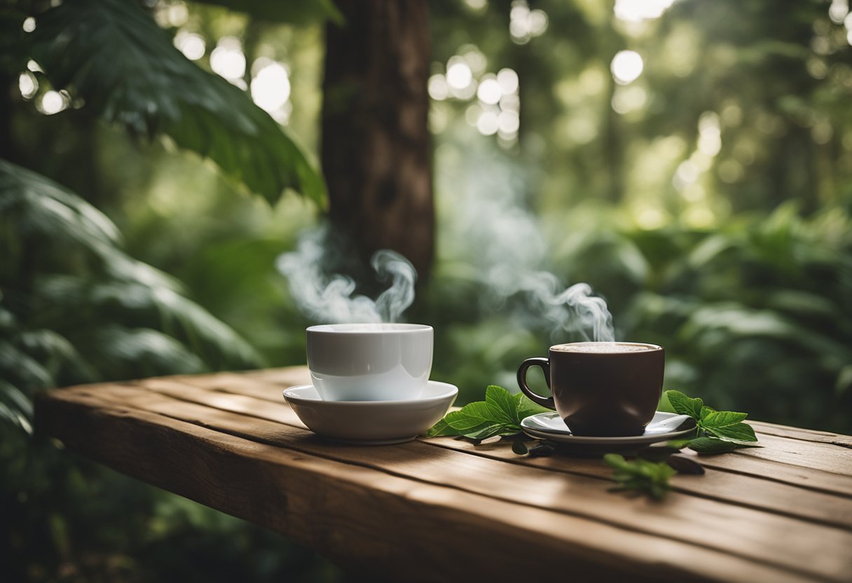 A steaming cup of Four Sigmatic mushroom coffee sits on a rustic wooden table, surrounded by lush greenery. The aroma of earthy mushrooms mingles with the rich scent of coffee, creating a cozy and comforting atmosphere