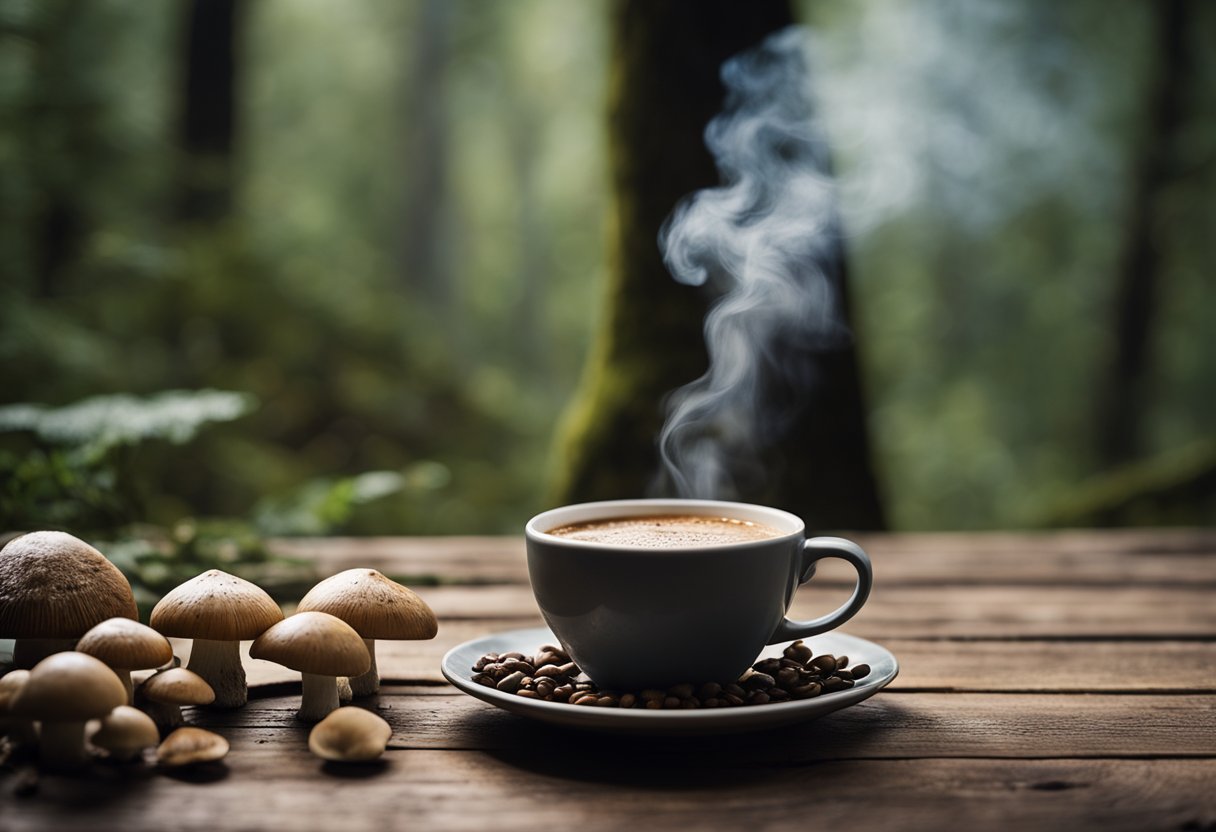 A steaming cup of Four Sigmatic mushroom coffee sits on a rustic wooden table, surrounded by foraged mushrooms and a misty forest backdrop