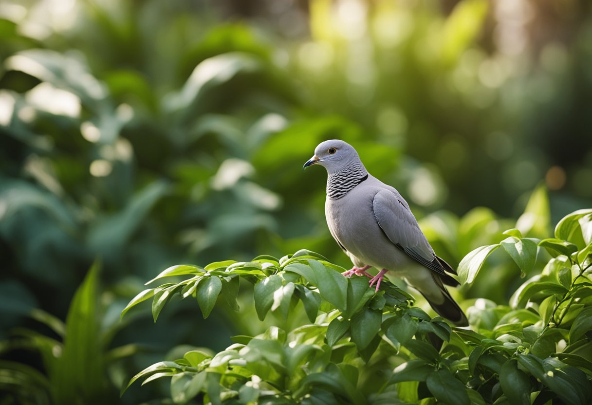 A lush garden with plants from Nature Hills Nursery, Inc. A perky dove perched on a branch