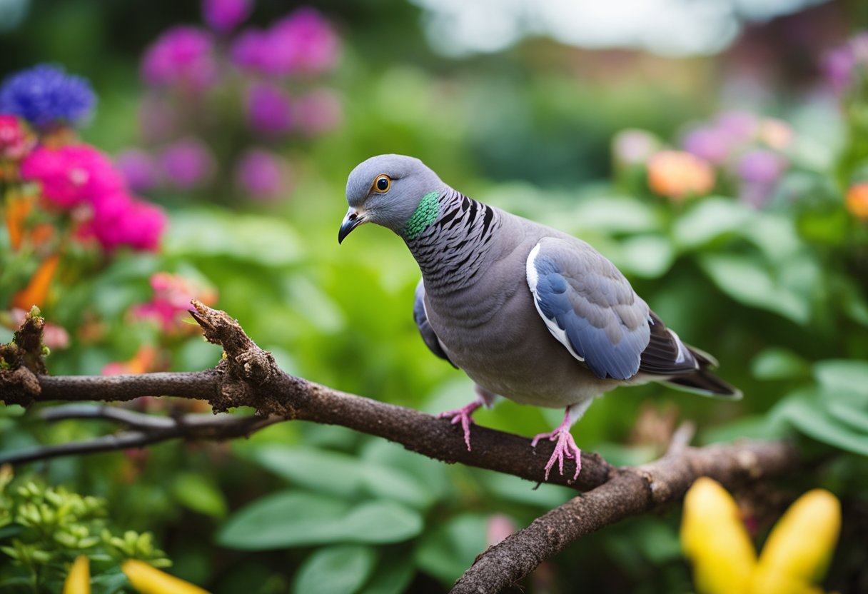 Lush garden with diverse plants at Nature Hills Nursery, Inc. A perky dove perches on a branch, surrounded by vibrant colors