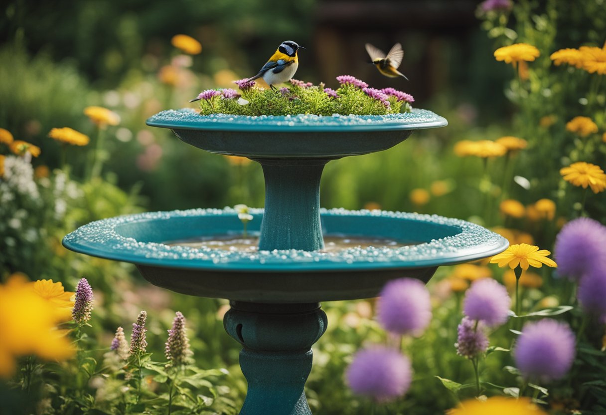 A vibrant garden blooms with native plants and buzzing pollinators, surrounded by bird feeders and a bubbling birdbath