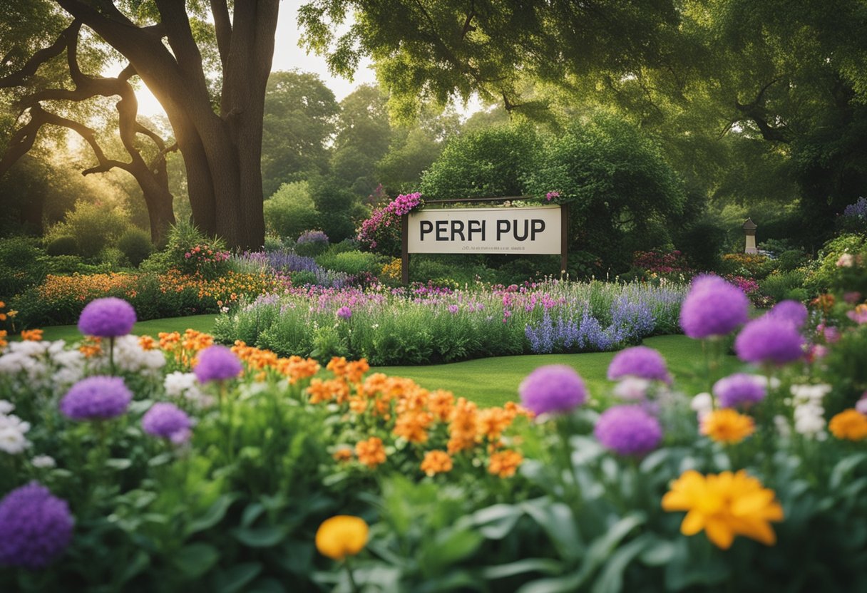 A serene garden filled with vibrant flowers and lush greenery, surrounded by neatly arranged FAQ signs from Nature Hills Nursery, Inc. and Perky Dove