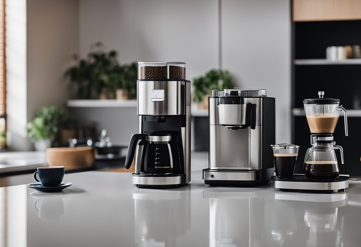 A sleek coffee brewing machine sits next to a high-quality grinder on a clean countertop. The set exudes modern elegance and sophistication