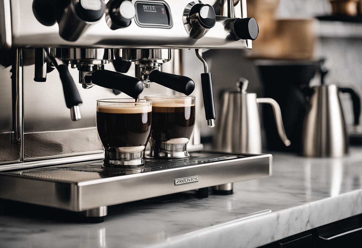 A sleek, stainless steel coffee brewing machine sits on a marble countertop next to a high-quality grinder. Steam rises from the machine as it brews a perfect cup of coffee