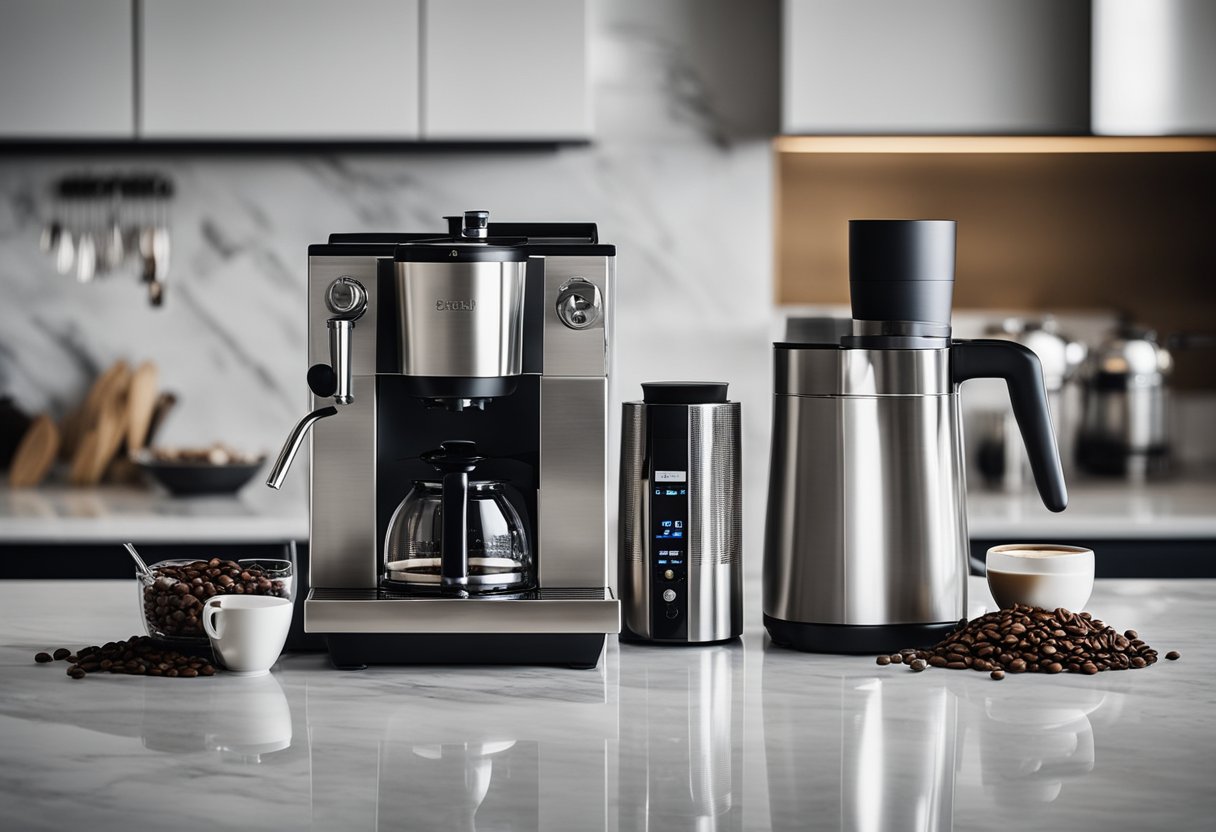 A sleek, stainless steel coffee brewing machine sits on a marble countertop next to a high-quality grinder. A set of artisanal coffee brewing accessories, including a precision scale and elegant ceramic mugs, completes the scene