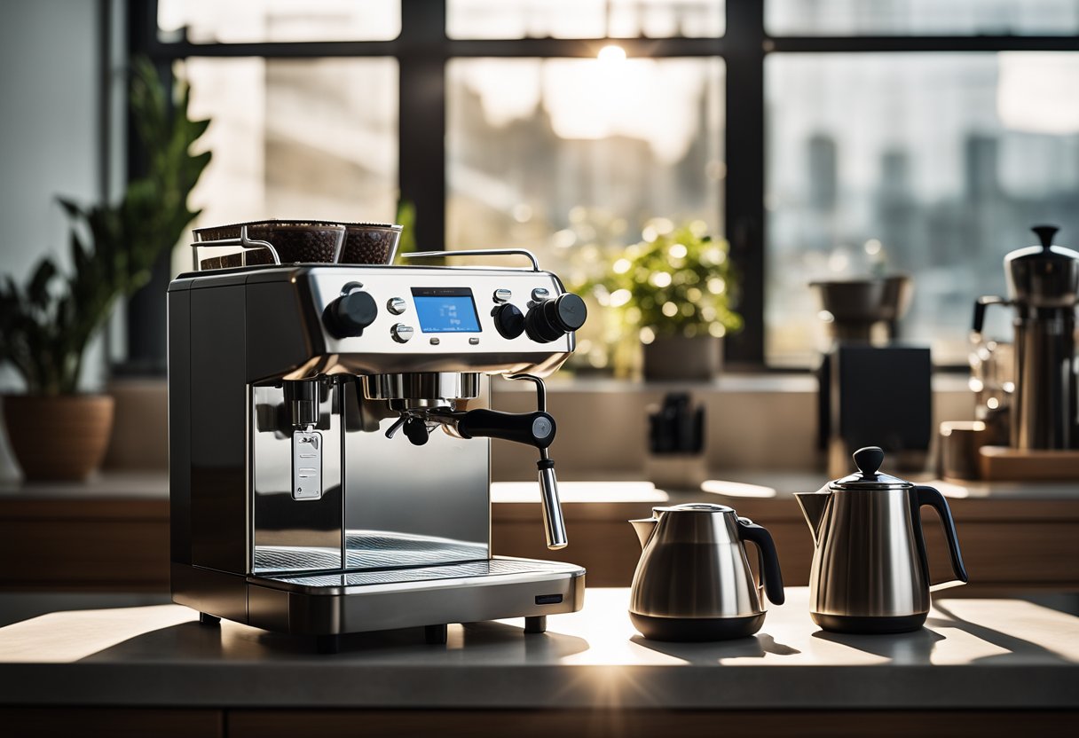 A sleek, modern coffee brewing machine sits next to a high-quality grinder on a clean, minimalist countertop. Sunlight streams through a nearby window, casting soft shadows across the scene