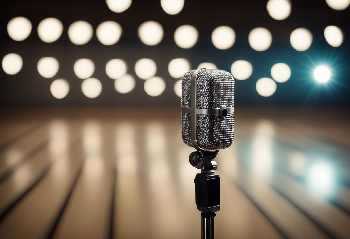 A spotlight shines on a lone microphone, symbolizing honesty and truth. The stage is empty, waiting for someone to step forward and speak their truth