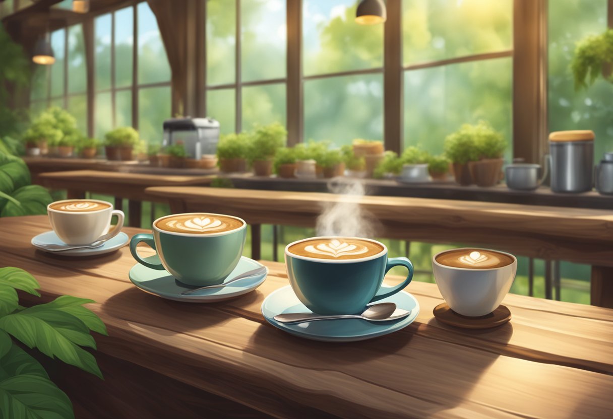 A cozy cafe with steaming cups of mushroom coffee on rustic wooden tables, surrounded by lush greenery and soft natural lighting