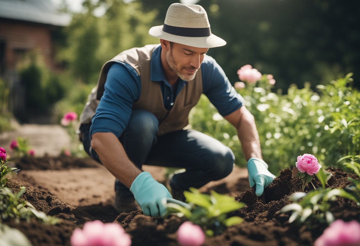 A gardener digs a hole, placing a peony root inside. They cover it with soil and water it gently. Sunlight filters through the leaves