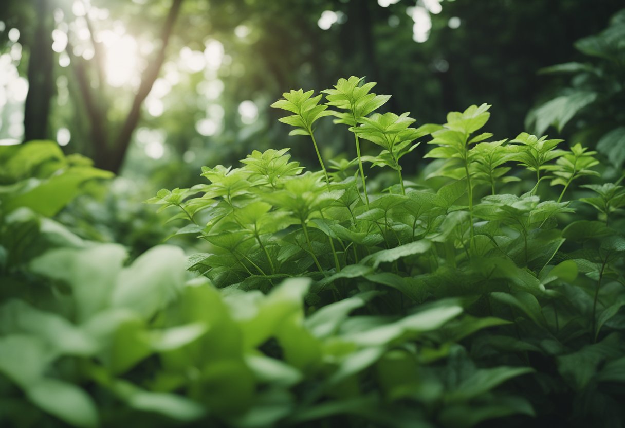 A lush, green garden with vibrant flowers and towering trees. A close-up of a plant's intricate root system and delicate leaves