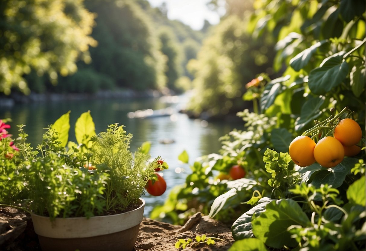 A vibrant garden with diverse fruits, vegetables, and herbs thriving in the sunlight, surrounded by a peaceful, flowing river and lush greenery