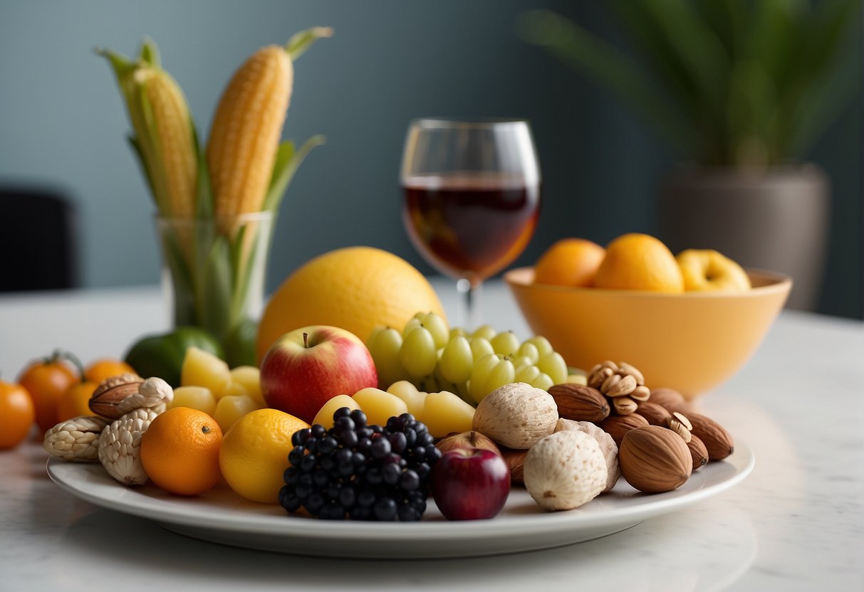 A colorful plate of fruits, vegetables, and lean proteins arranged on a table, surrounded by a variety of whole grains and nuts