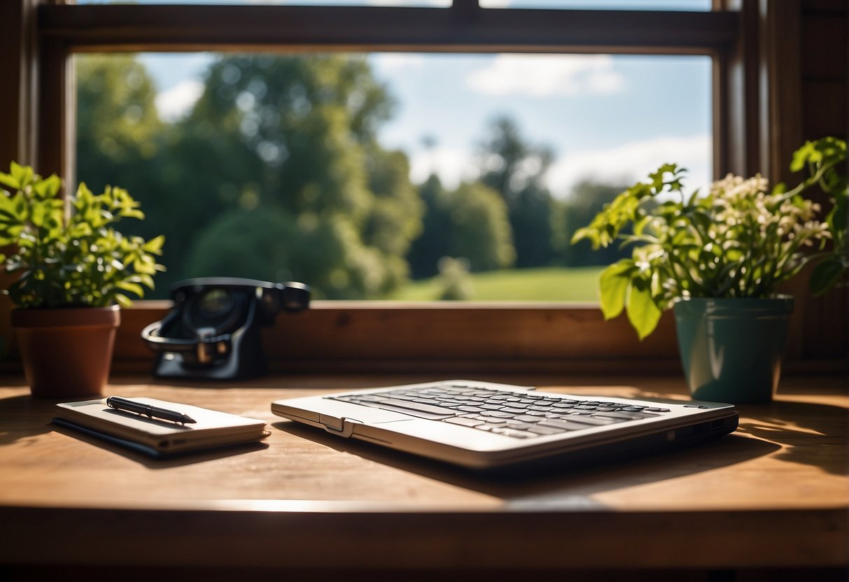 A laptop, notebook, and pen sit on a wooden desk near a window with a view of a peaceful garden