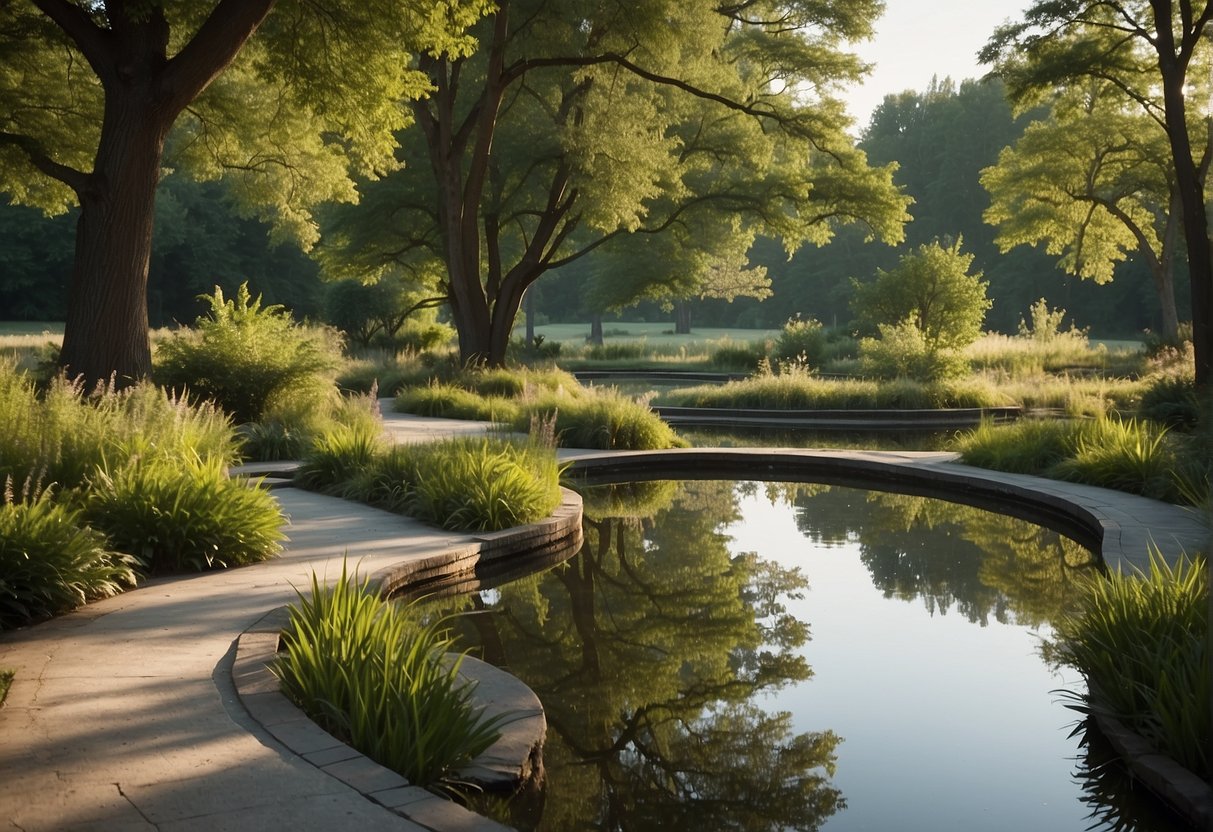 A serene park with a winding path, lush green trees, and a tranquil pond reflecting the clear blue sky