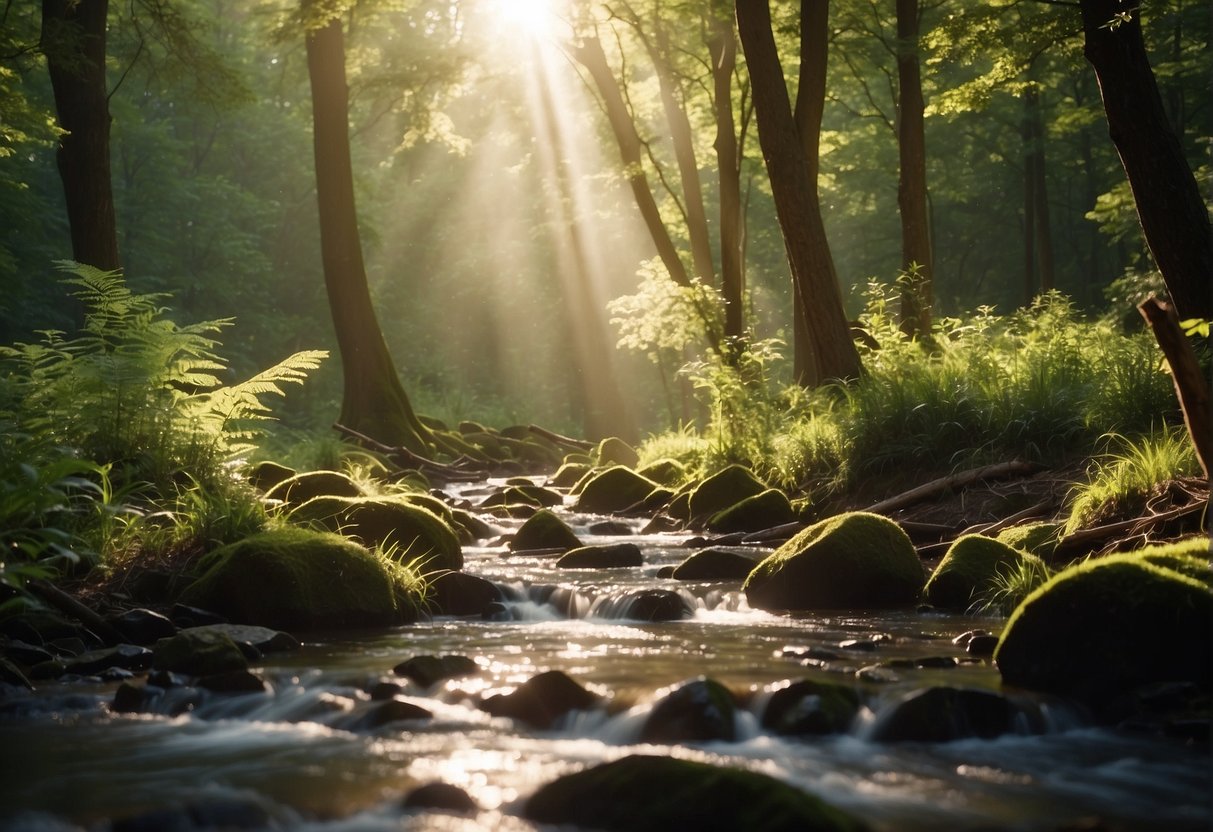 A serene forest with sunlight filtering through the trees, birds chirping, and a winding stream